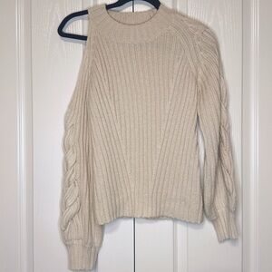 525 Cable Knit Cut Out One Shoulder Puff Sleeve Pullover Size XS Cream